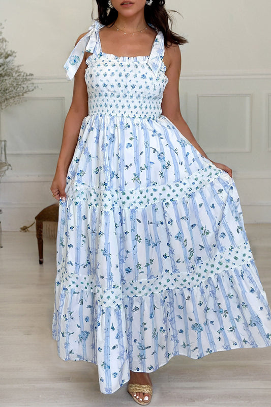 Sky Blue Floral Smocked Tied Straps A-Lined Tiered Maxi Dress - Sky Blue - 2