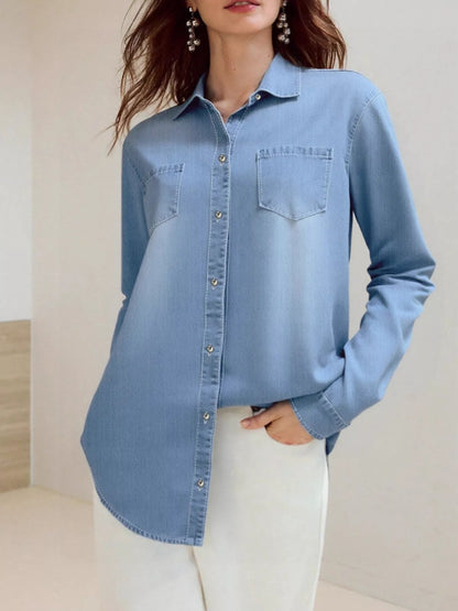 Full Size Button-Up Long Sleeve Denim Shirt Plus Size - Blue - View 3