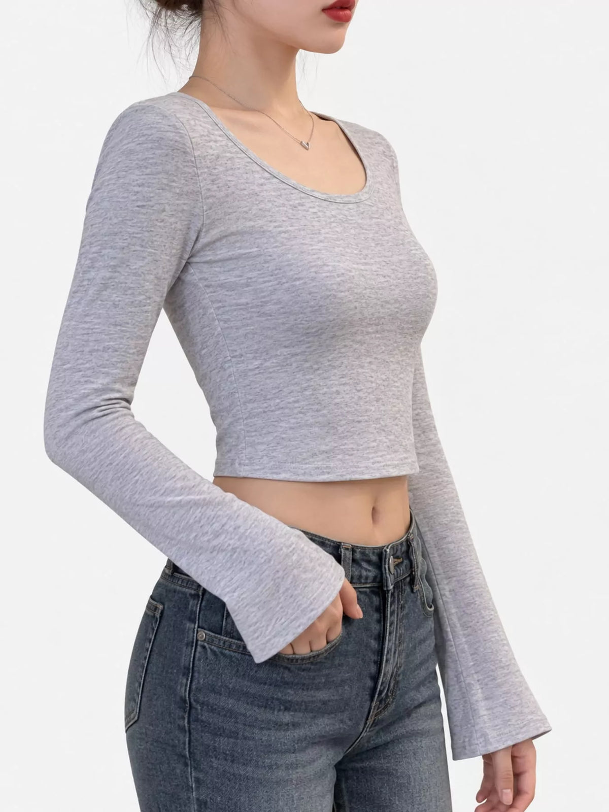 Slim-Fit Long Sleeve U-Neck Cropped T-Shirt - Gray - View 9