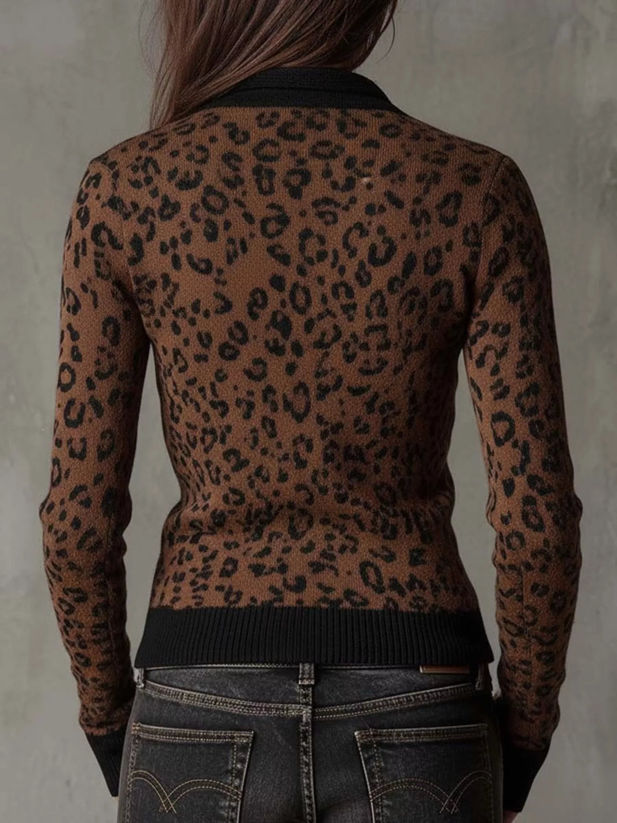 Leopard Print Knit Zip-Up Outerwear - Dark Brown - View 3