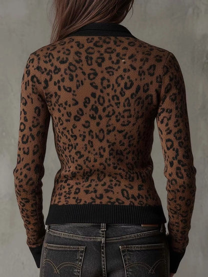 Leopard Print Knit Zip-Up Outerwear - Dark Brown - View 3