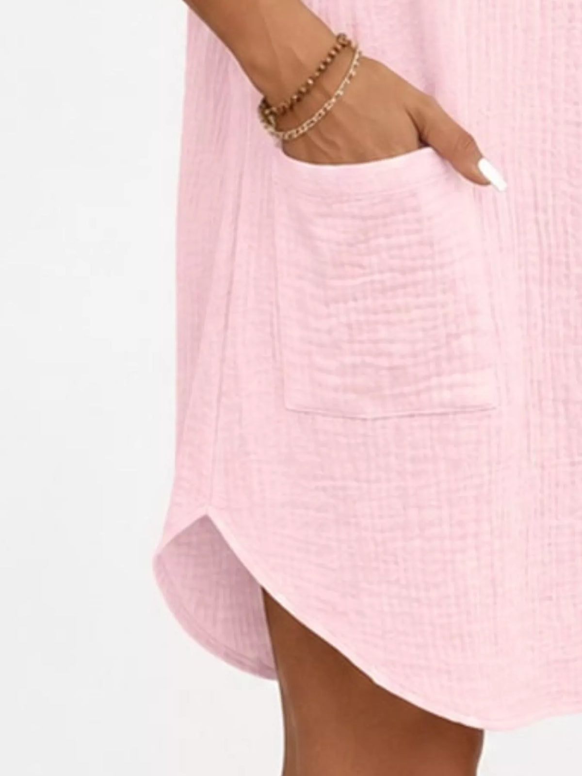 Full Size Button-Down Textured Shirt Dress with Pockets Plus Size - Pink - View 12
