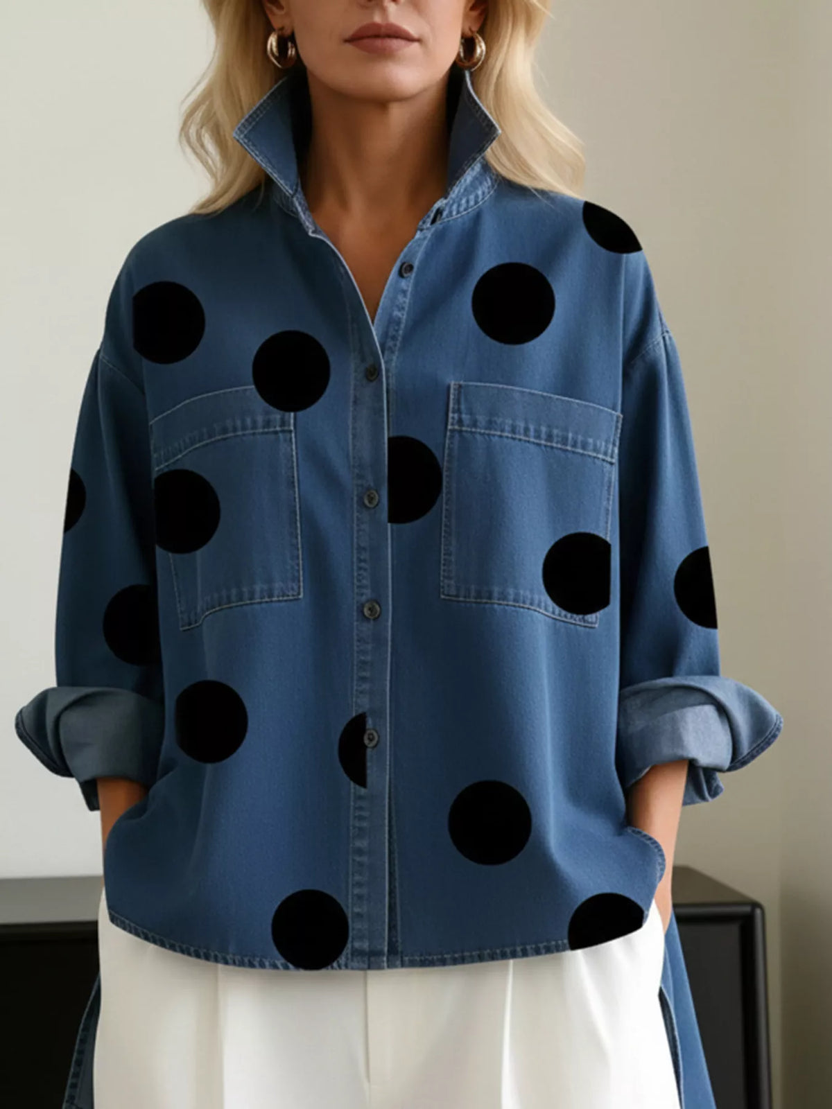 Full Size Polka Dot Oversized Denim Look Shirt Plus Size - Navy - View 1