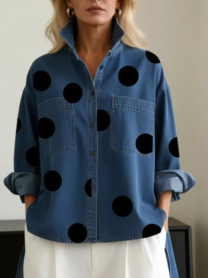 Full Size Polka Dot Oversized Denim Look Shirt Plus Size - Navy - View 1