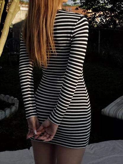 Striped Ribbed Bodycon Mini Dress - Black - View 4