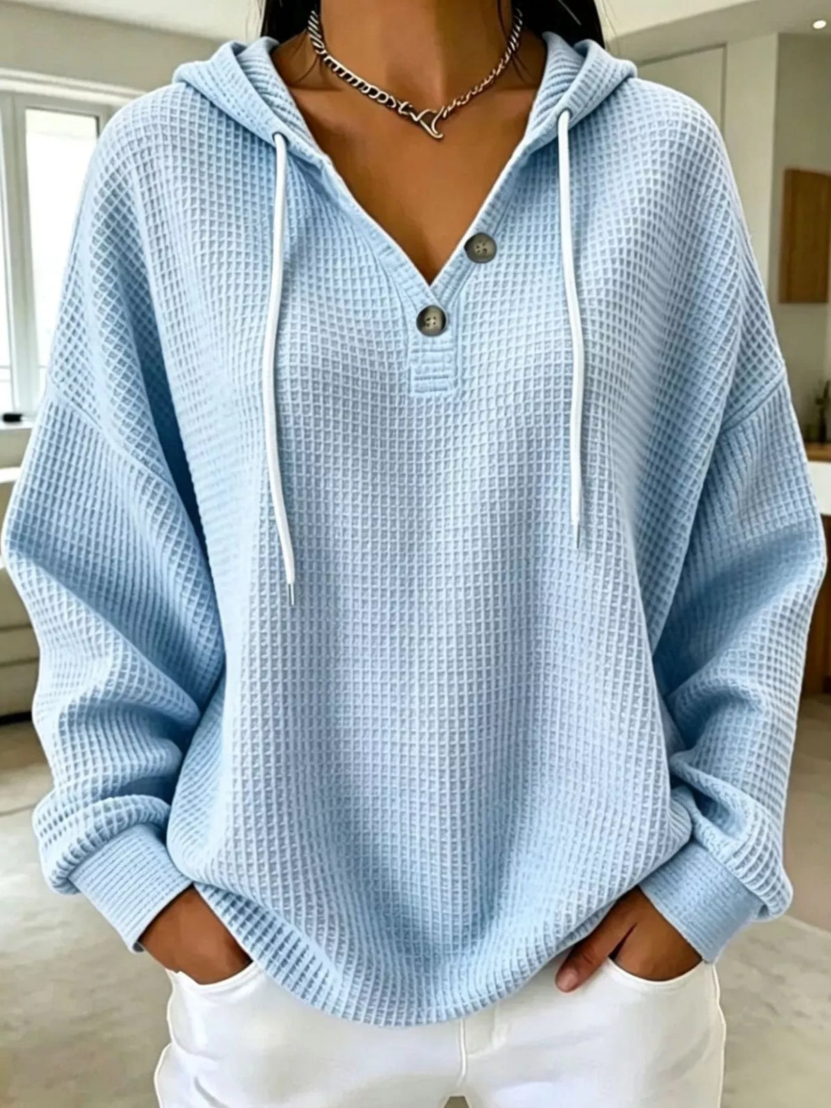 Full Size Waffle Knit Button Detail Hoodie Plus Size - Light Blue - View 4