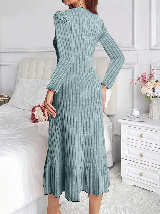 Full Size Ribbed Knit Ruffle Hem Bodycon Dress Plus Size - Turquoise - View 2
