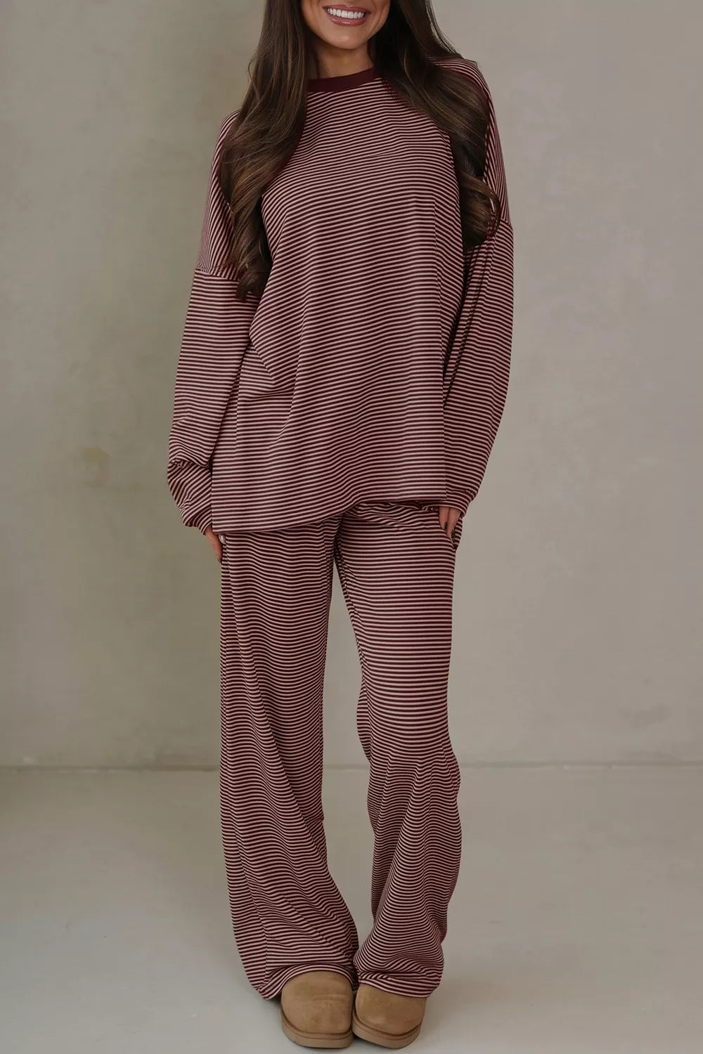 Striped Long Sleeve Top and Wide Leg Pants Set - Brown - View 1