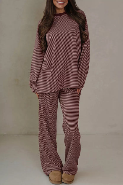 Striped Long Sleeve Top and Wide Leg Pants Set - Brown - View 1