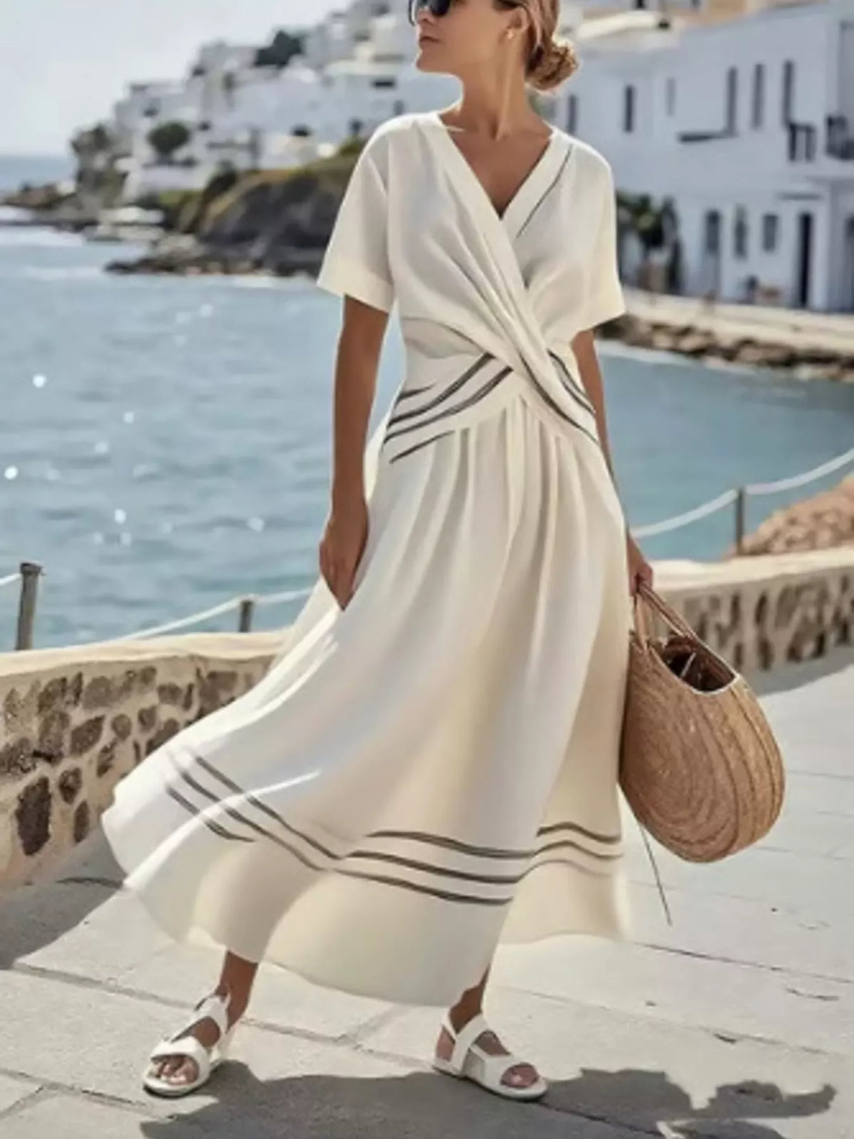 Full Size Striped Surplice Half Sleeve Midi Dress Plus Size - White - View 1