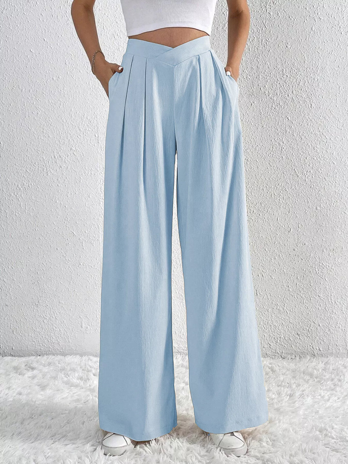 Pleated Wide Leg Pants - Light Blue - View 1