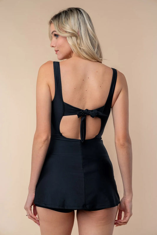 White Birch Full Size Sleeveless Tie Back Performance Knit Swim Dress - Black - View 2