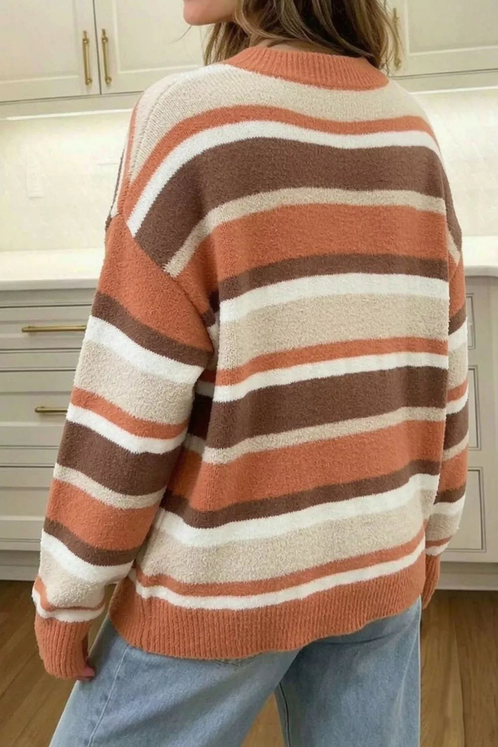 Striped Dropped Shoulder Sweater - Tangerine - View 2