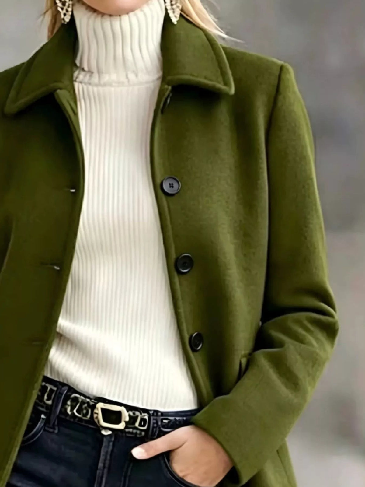 Button Up Collared Neck Coat - Army Green - View 4