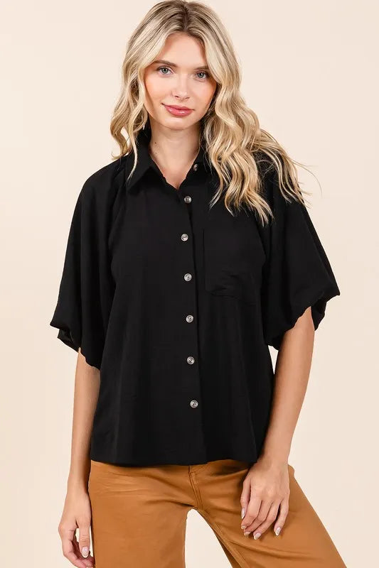 Mittoshop Airflow Short Bubble Sleeve Button Down Shirt - Black - View 1