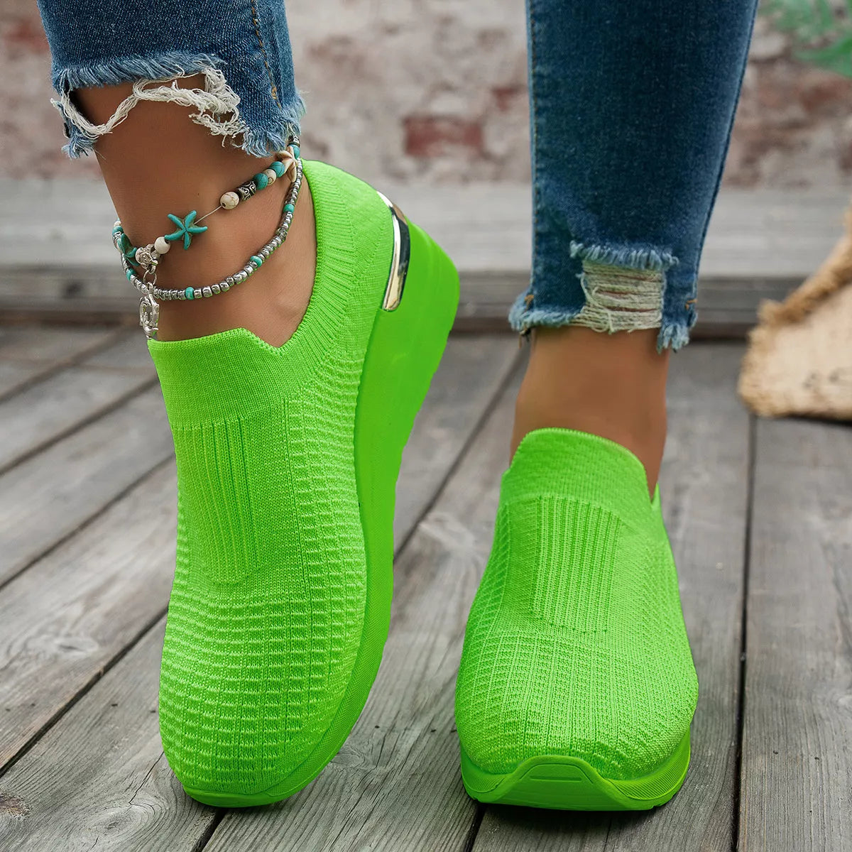 Mesh Round Toe Wedge Athletic Sneakers - Green - View 4