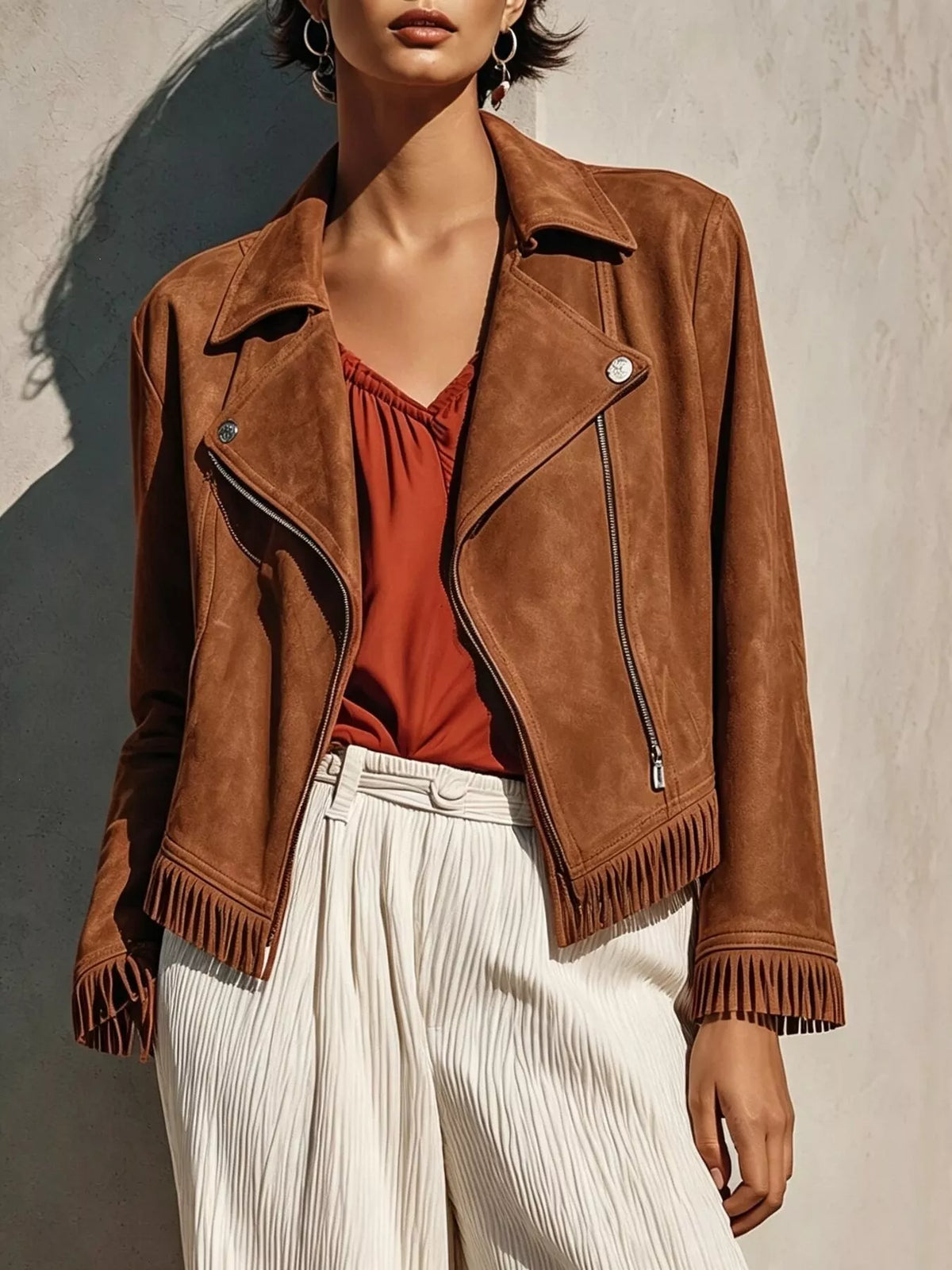 Fringe Hem Zip Up Jacket - Camel - View 1
