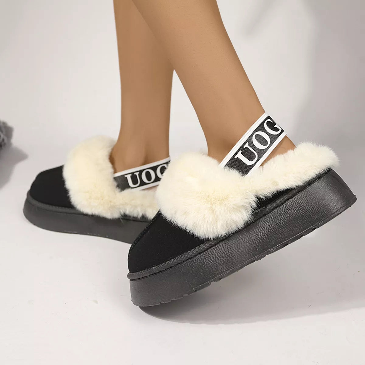 Round Toe Fur Trim Platform Slippers - Black - View 17
