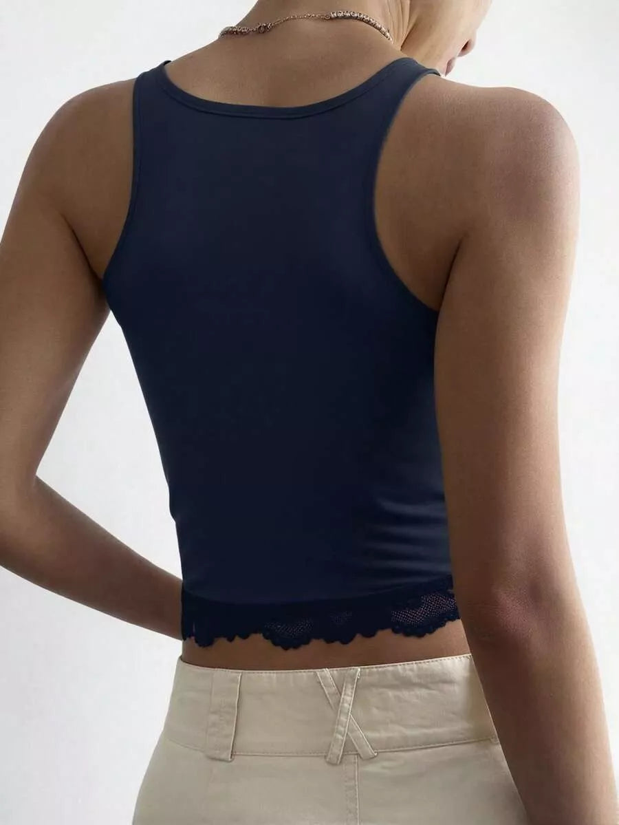 Lace Detail Wide Strap Tank - Navy Blue - View 2