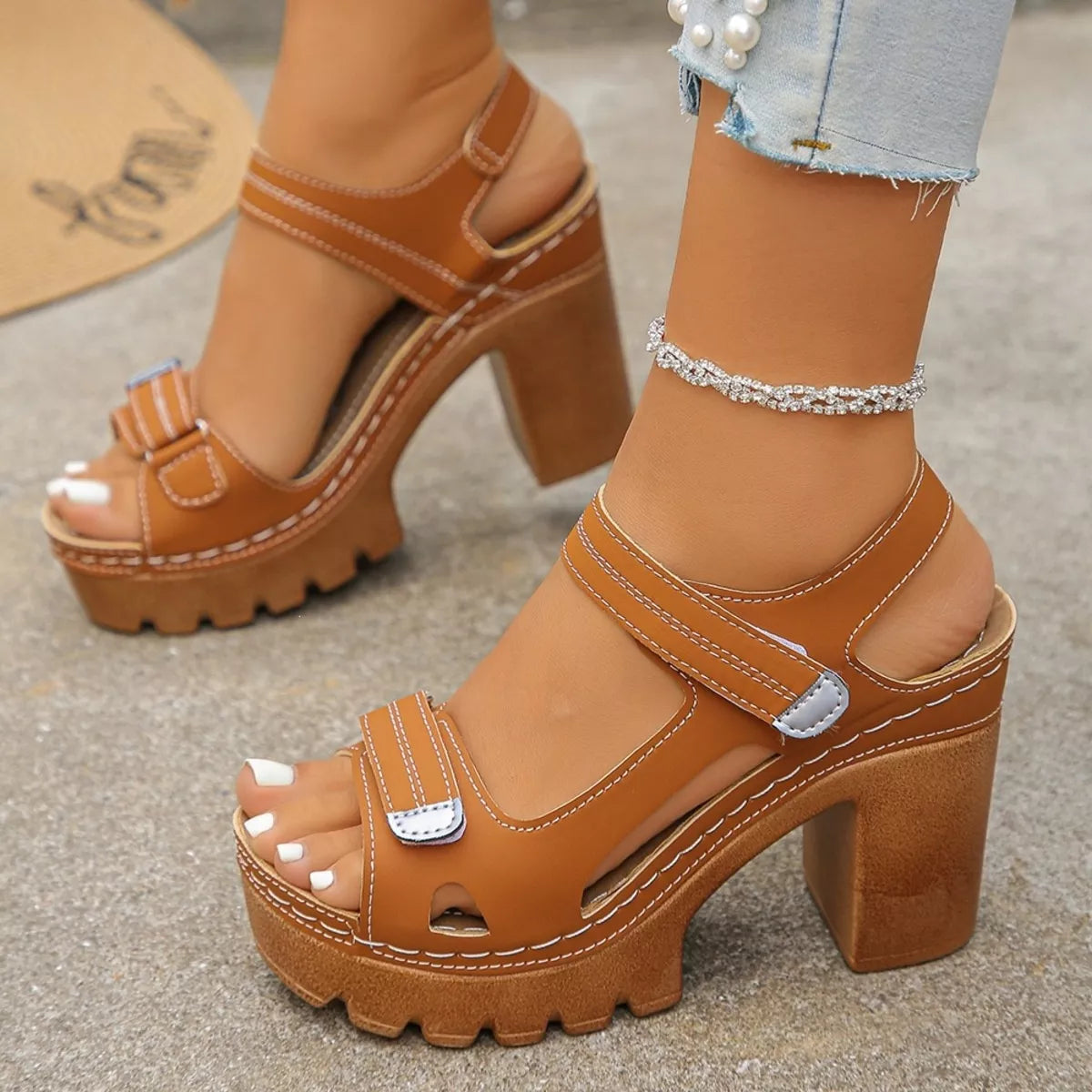 Open Toe Block Heels Sandals - Orange - View 13