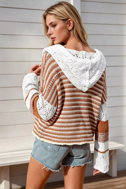 Double Take Full Size Openwork Contrast Long Sleeve Hooded Sweater Plus Size - Camel - View 2
