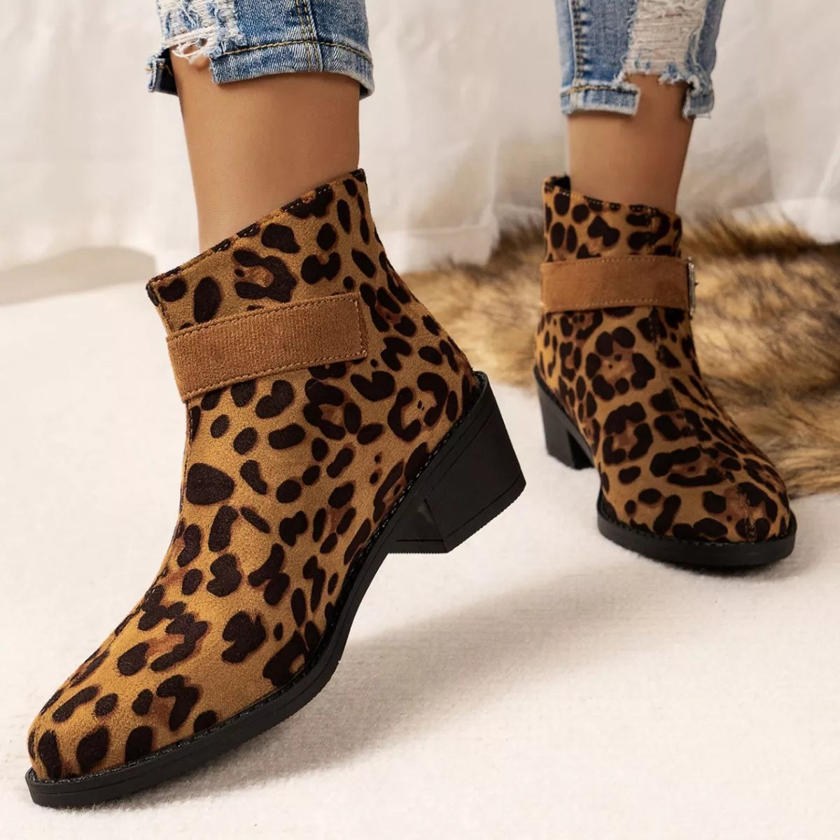 Point Toe Block Heels Boots - Leopard Print - View 1