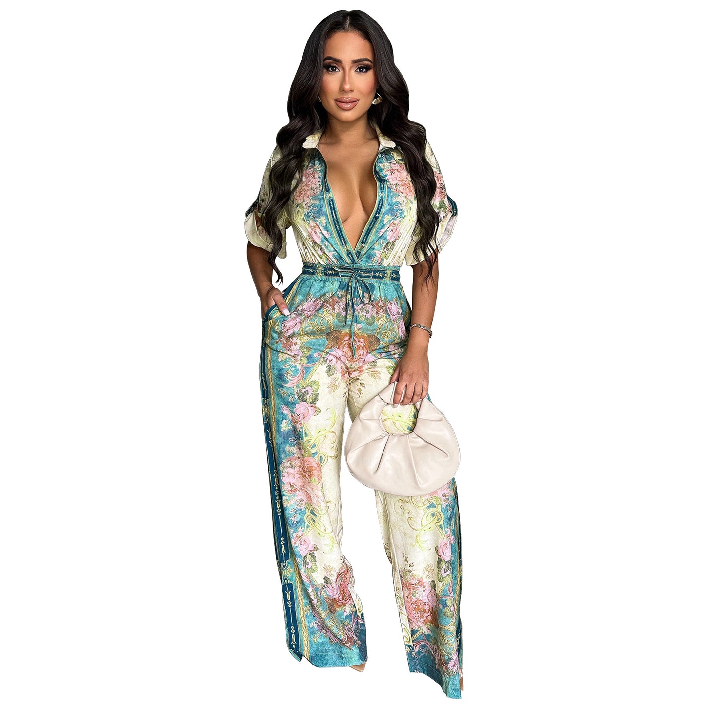 V-neck printed jumpsuit for women