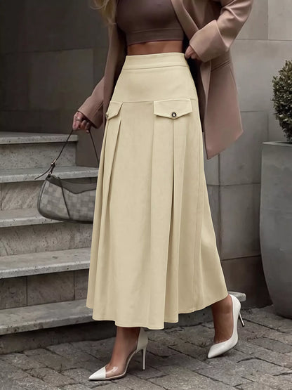 High Waist Pleated Midi Skirt - Khaki - View 1