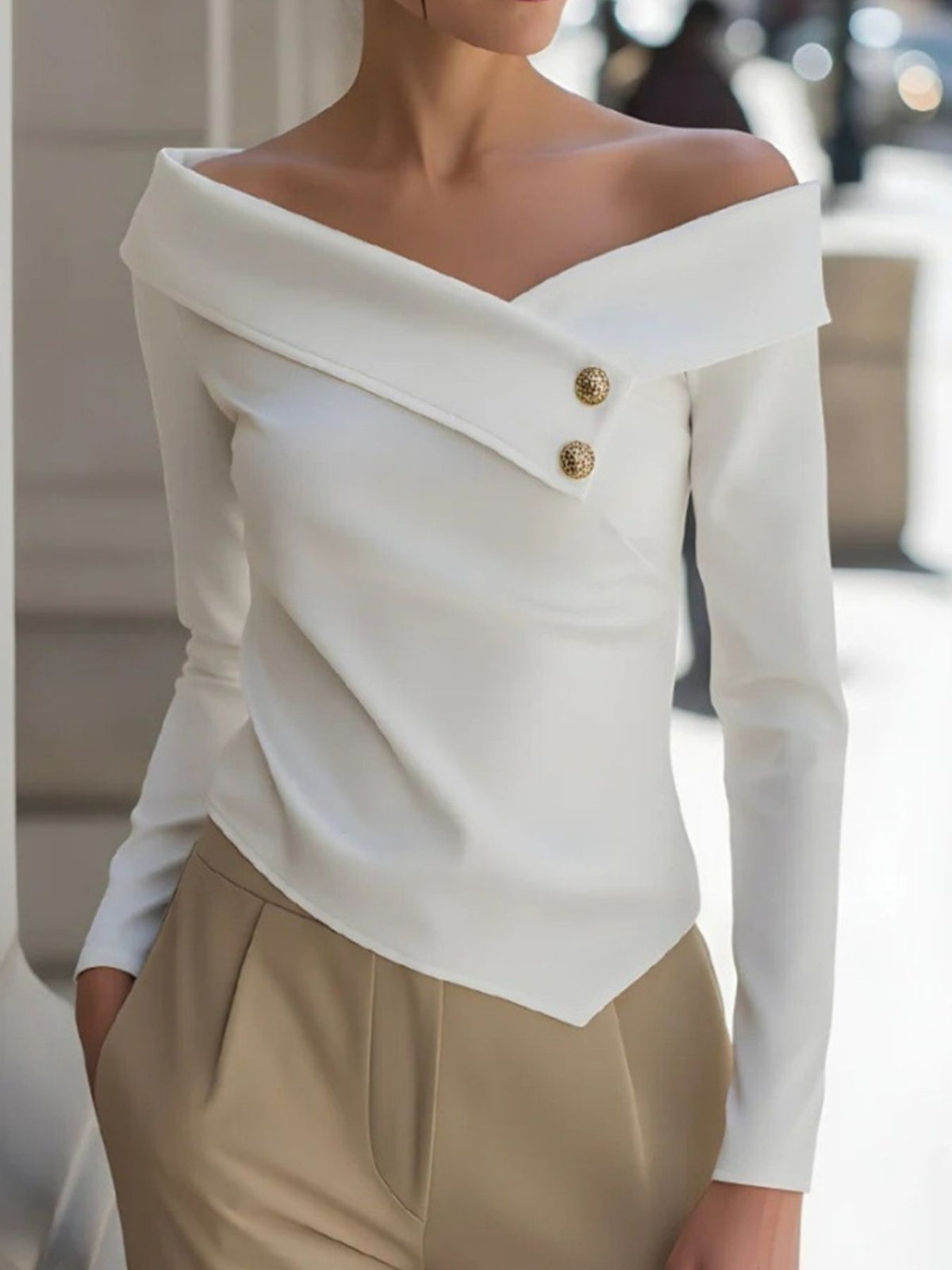 Off-Shoulder Button Decor Blouse - White - View 1