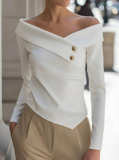 Off-Shoulder Button Decor Blouse - White - View 1