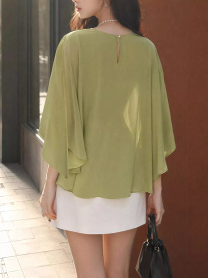 Layered Flutter Sleeve Chiffon Blouse - Matcha Green - View 2
