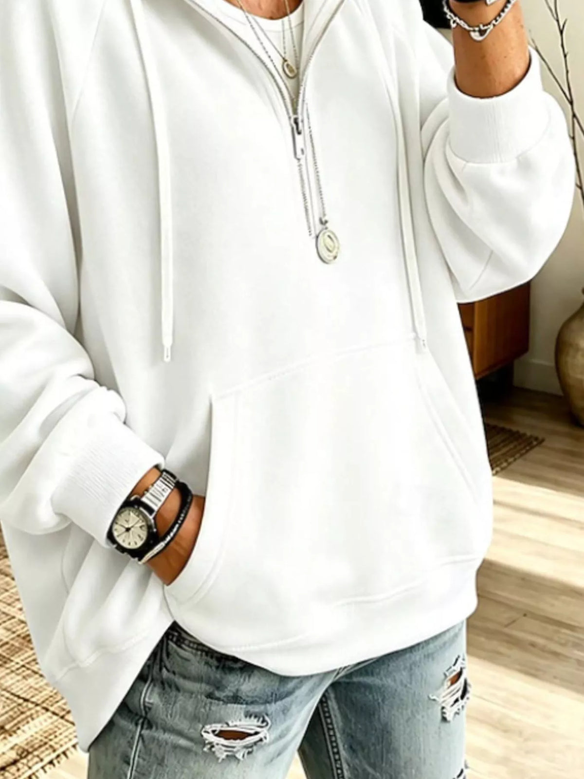 Ribbed Knit Quarter-Zip Hoodie with Kangaroo Pocket - White - View 3