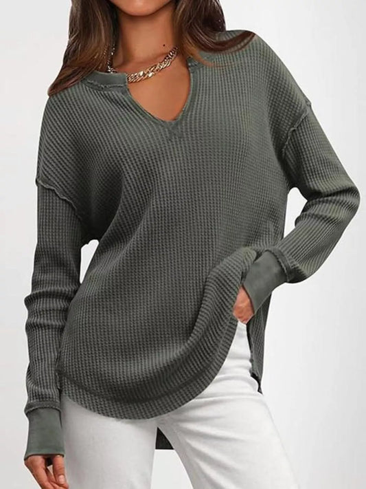 Waffle Knit Long Sleeve Sweatshirt - Gray - Alternate Styled Front View