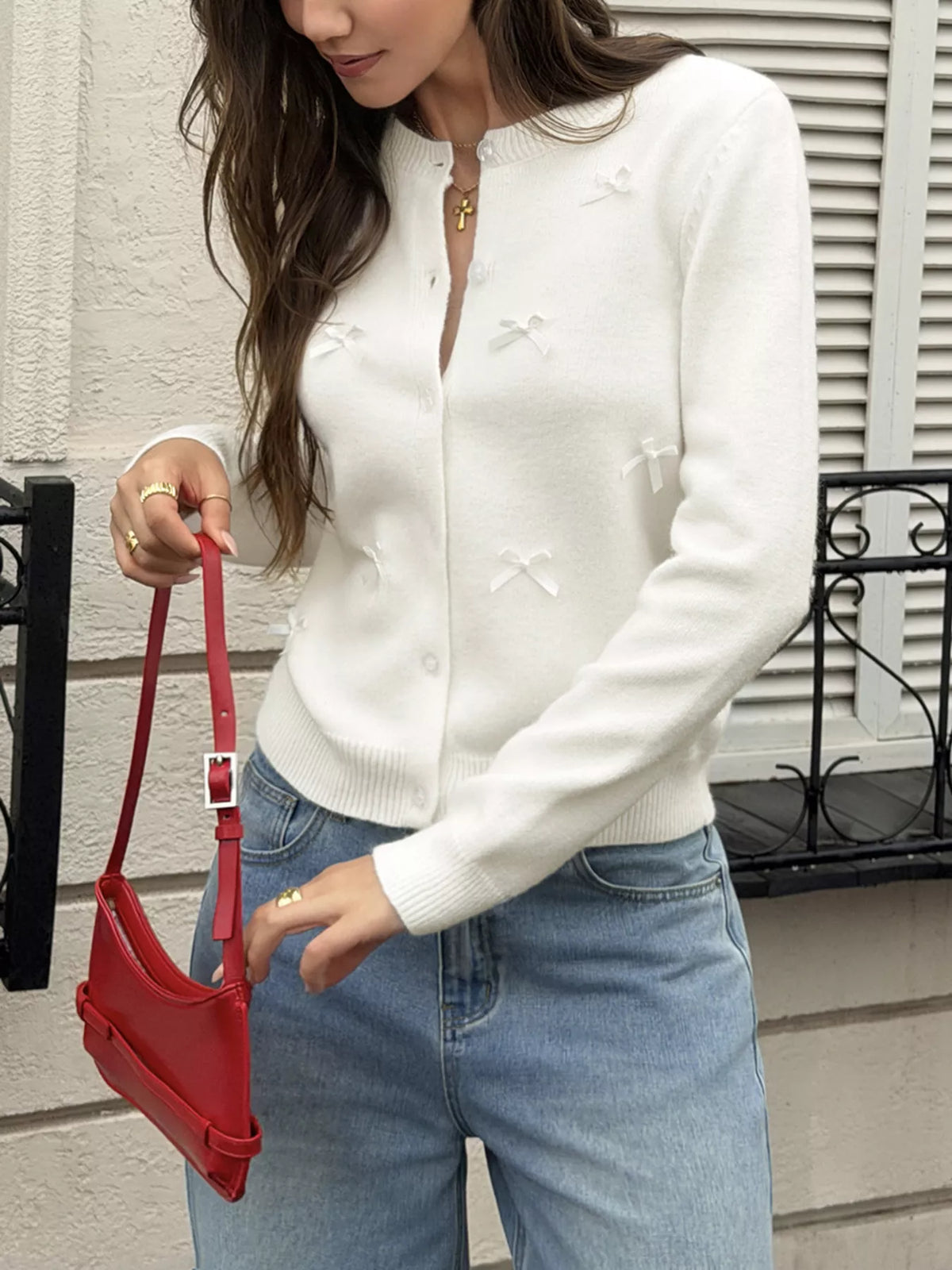 Bow Button Up Knit Cardigan - White - View 3