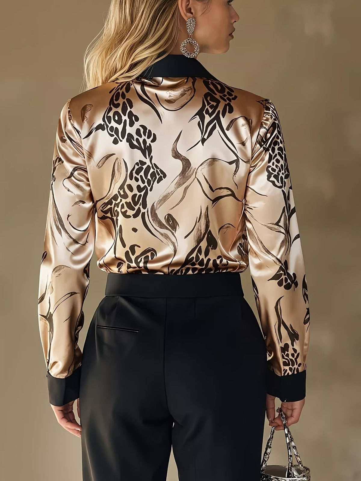 Satin Leopard Button Up Shirt - Gold - View 5