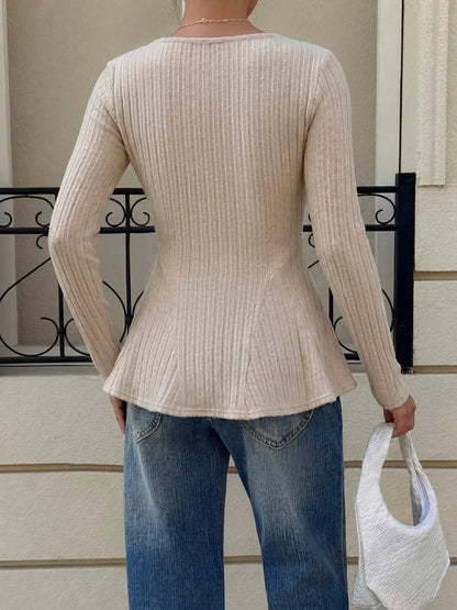 Square Neck Ribbed Peplum Knit Top - Apricot - View 5