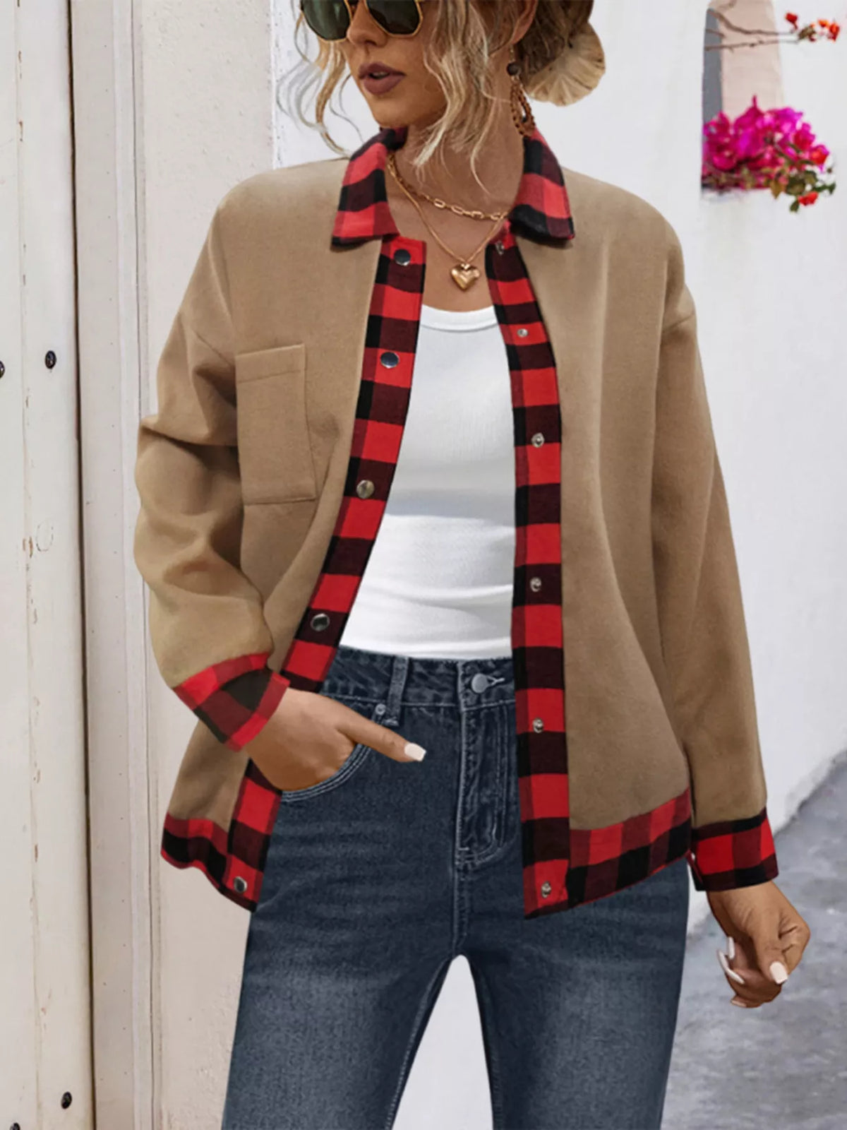 Plaid Button Up Casual Outerwear - Khaki - View 1