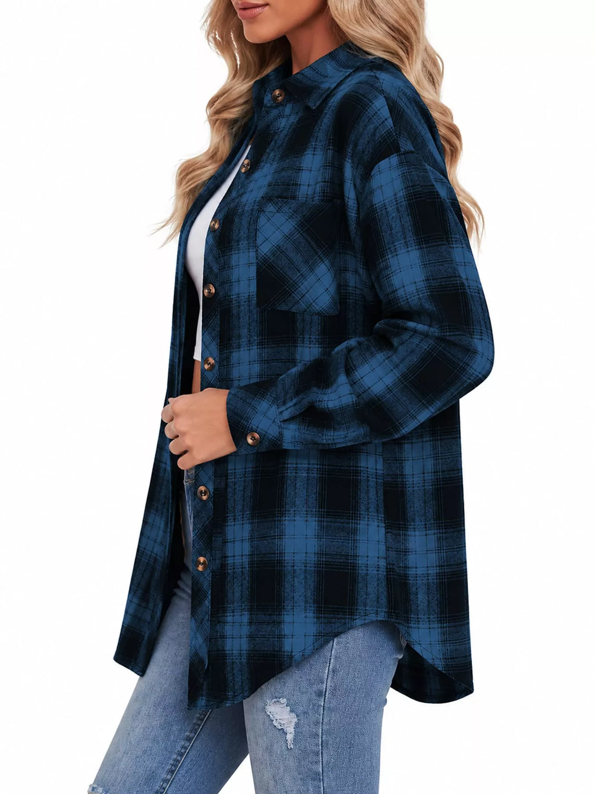 Plaid Button-Down Oversized Shirt - Blue - View 22