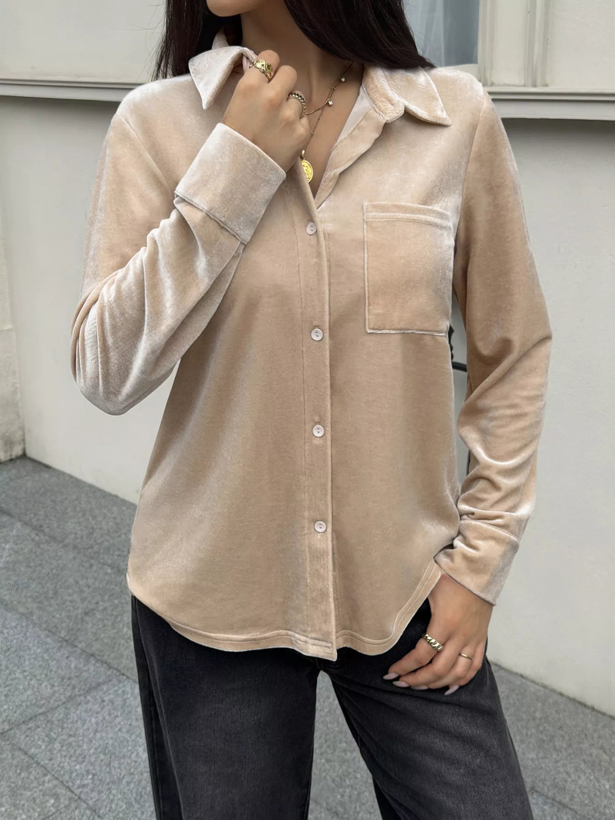Velvet Button-Down Shirt with Chest Pocket - Khaki Color - View 3
