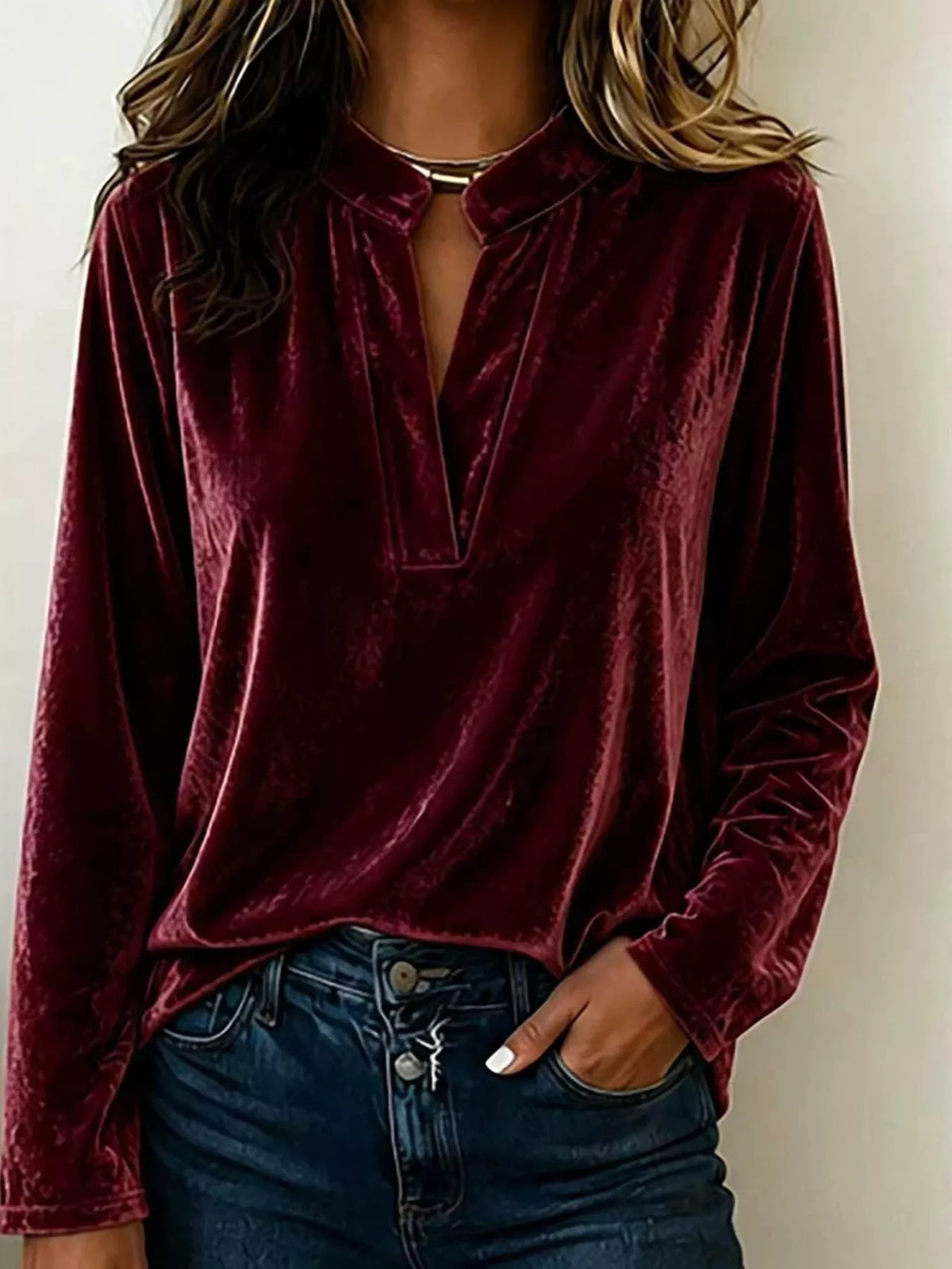 Full Size Velvet Notched Long Sleeve Blouse Plus Size - Burgundy - View 1
