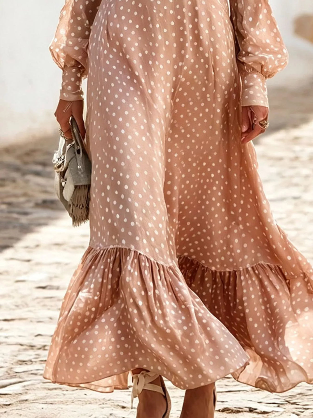 Full Size Polka Dot Ruffle V-Neck Maxi Dress Plus Size - Dusty Pink - View 3