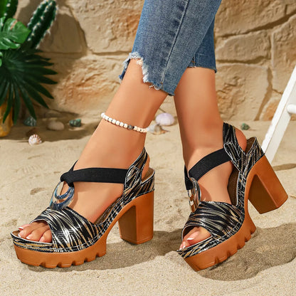 Open Toe Block Heels Sandals - Black - View 2