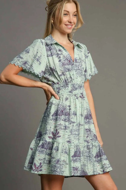 Umgee Full Size Landscape Print Collared Mini Dress Plus Size - Light Green - View 1