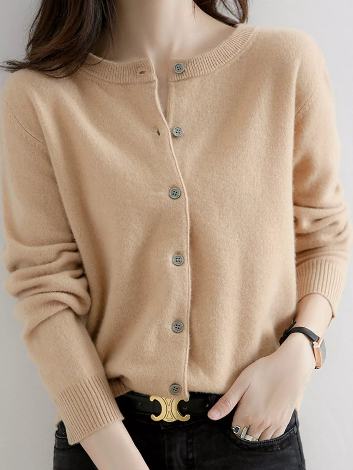 Crew-Neck Button-Down Cardigan - Golden Tan - View 21
