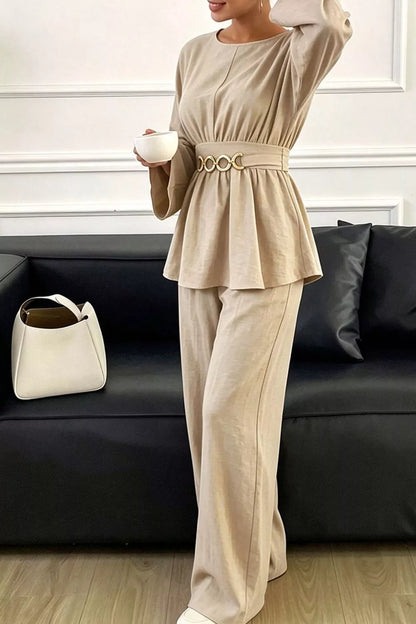 Metal Chain Waist Detail Top and Pants Set - Beige - View 1
