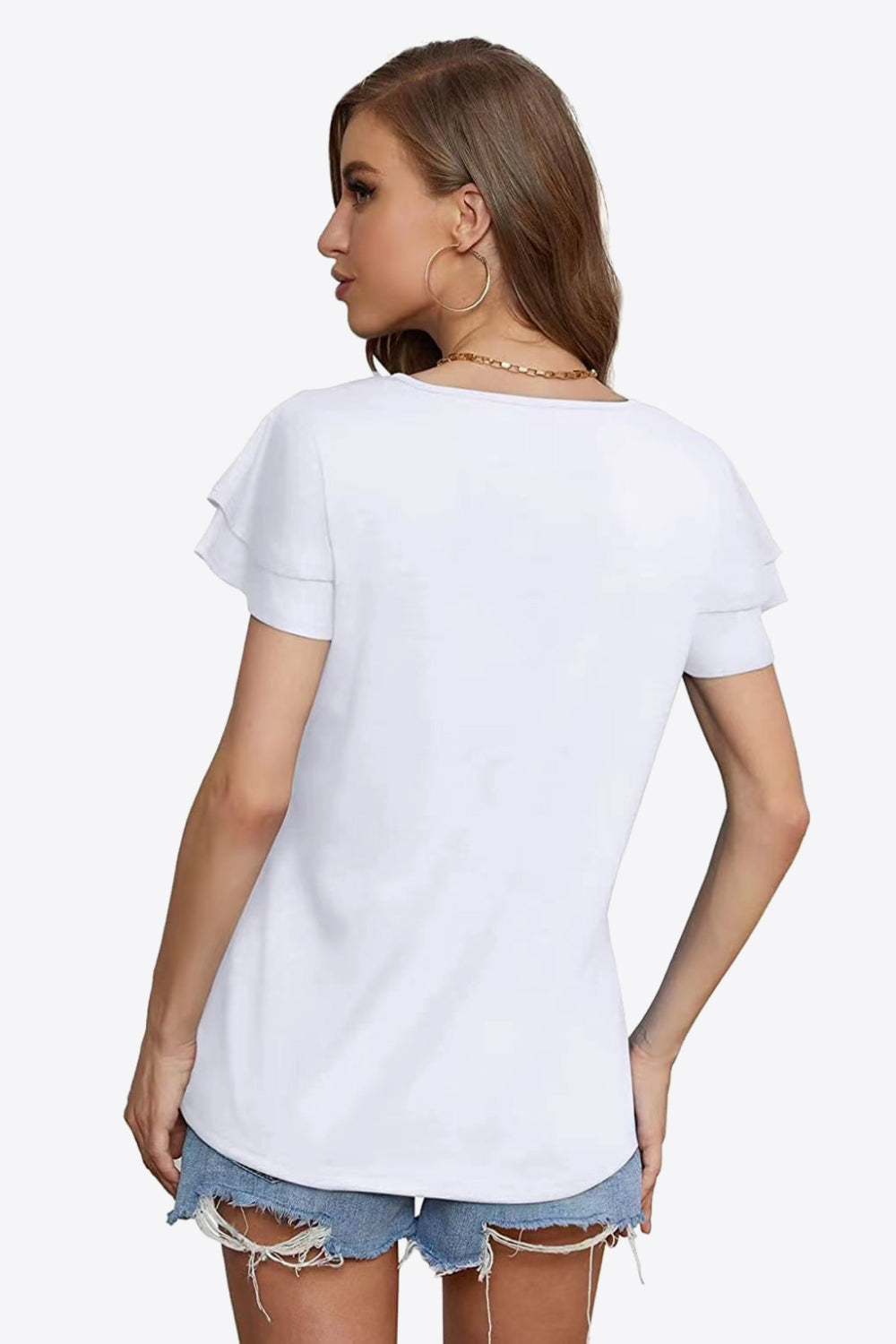Tie-Neck Layered Flutter Sleeve Blouse - White - View 12