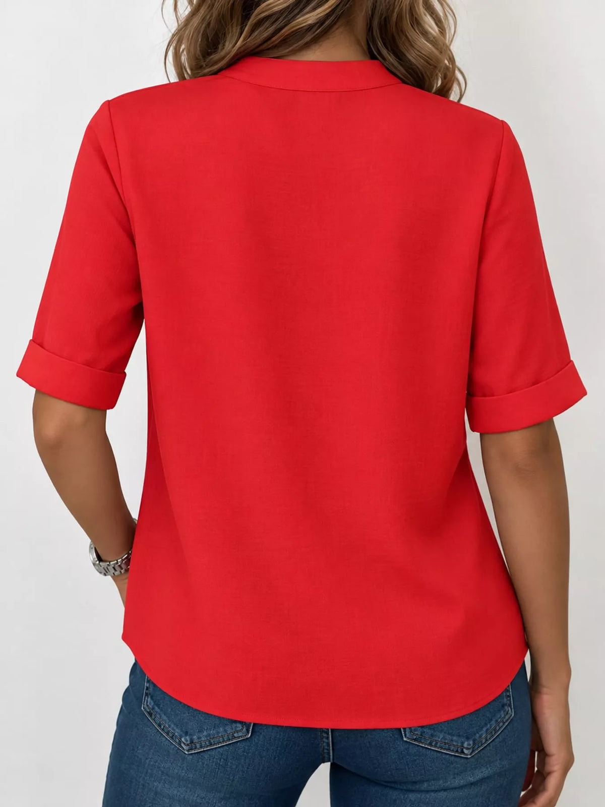 Full Size Notched Short Sleeve Blouse Plus Size - Red - View 34