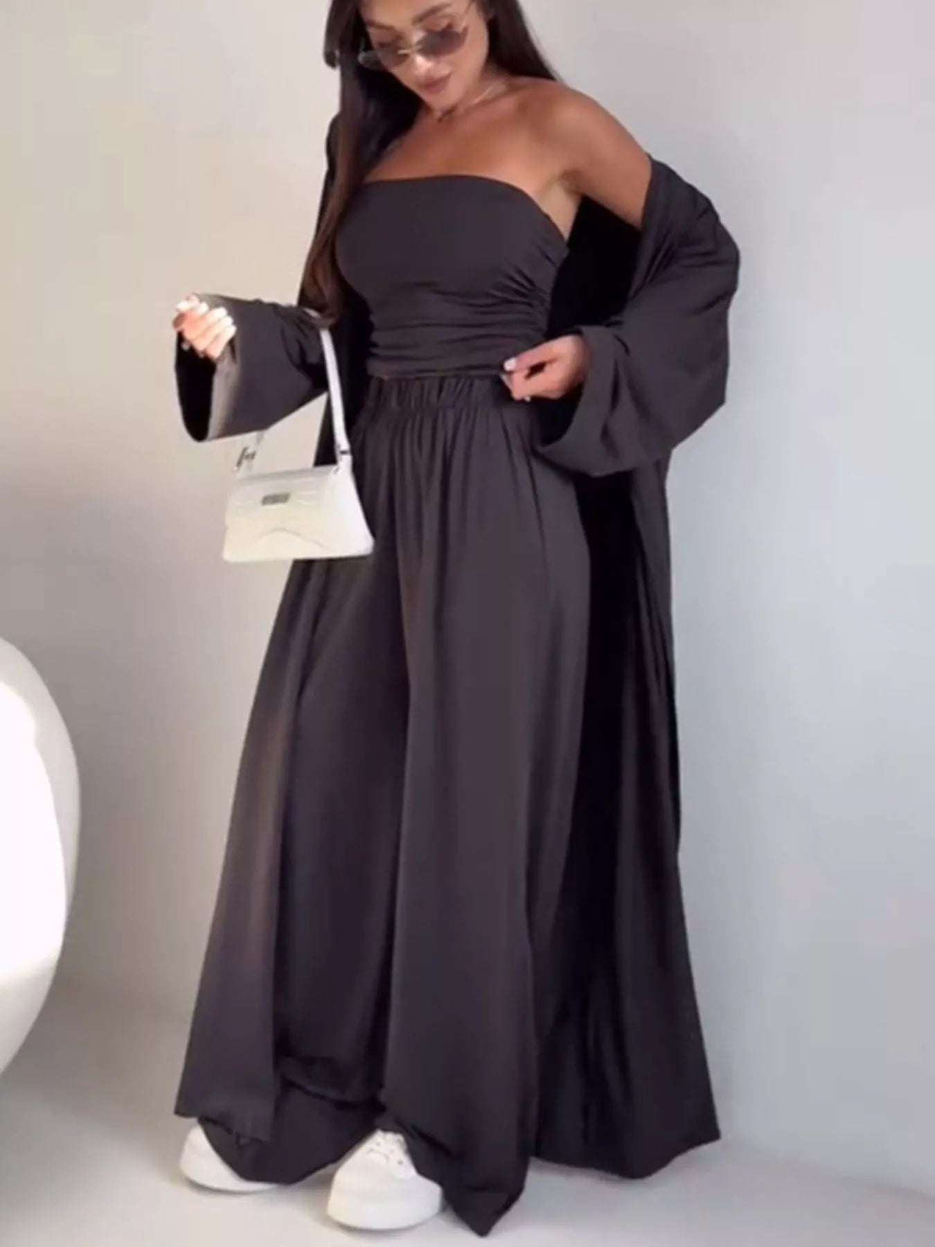 Tube Top & Cardigan & Wide Leg Pants 3-Piece Set - Dark Gray - Alternate Styled Front View