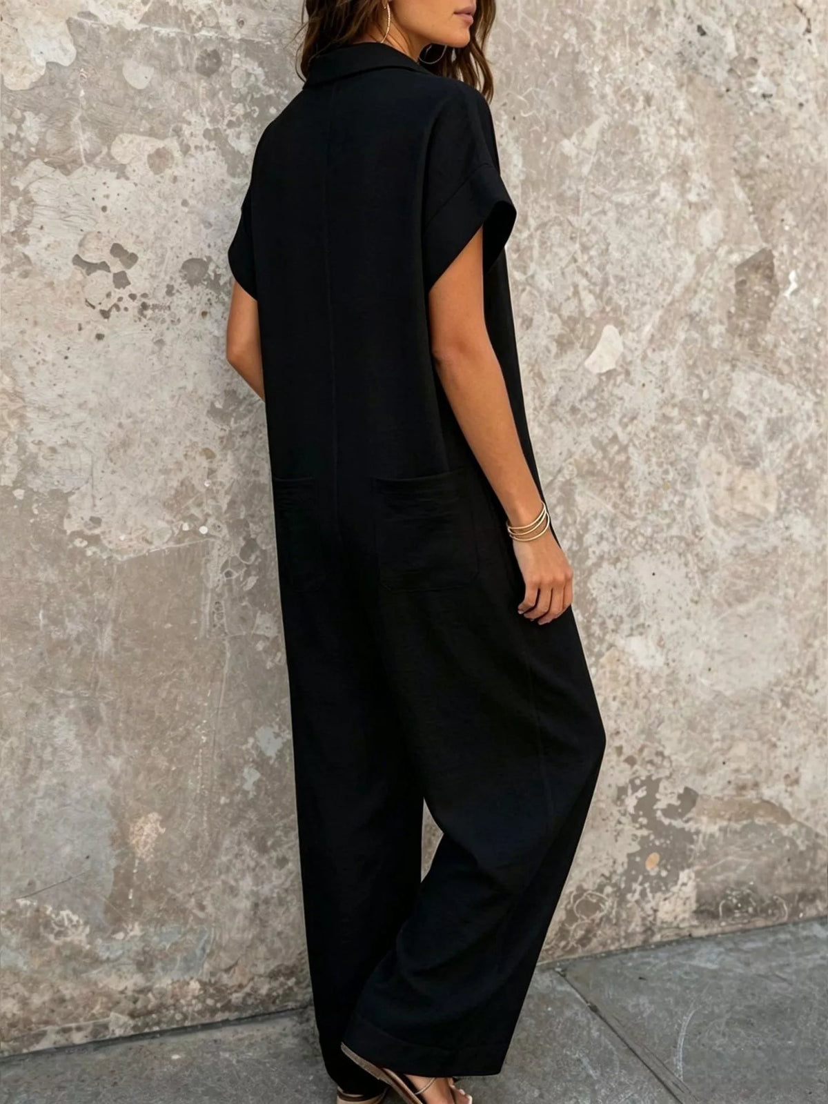 Button Front Short Sleeve Jumpsuit - Black - View 3