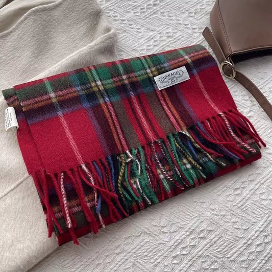 Wool Plaid Tassel Scarf - Burgundy - View 1